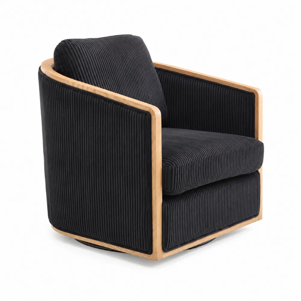 Fauteuil pivotant en velours côtelé noir et bois