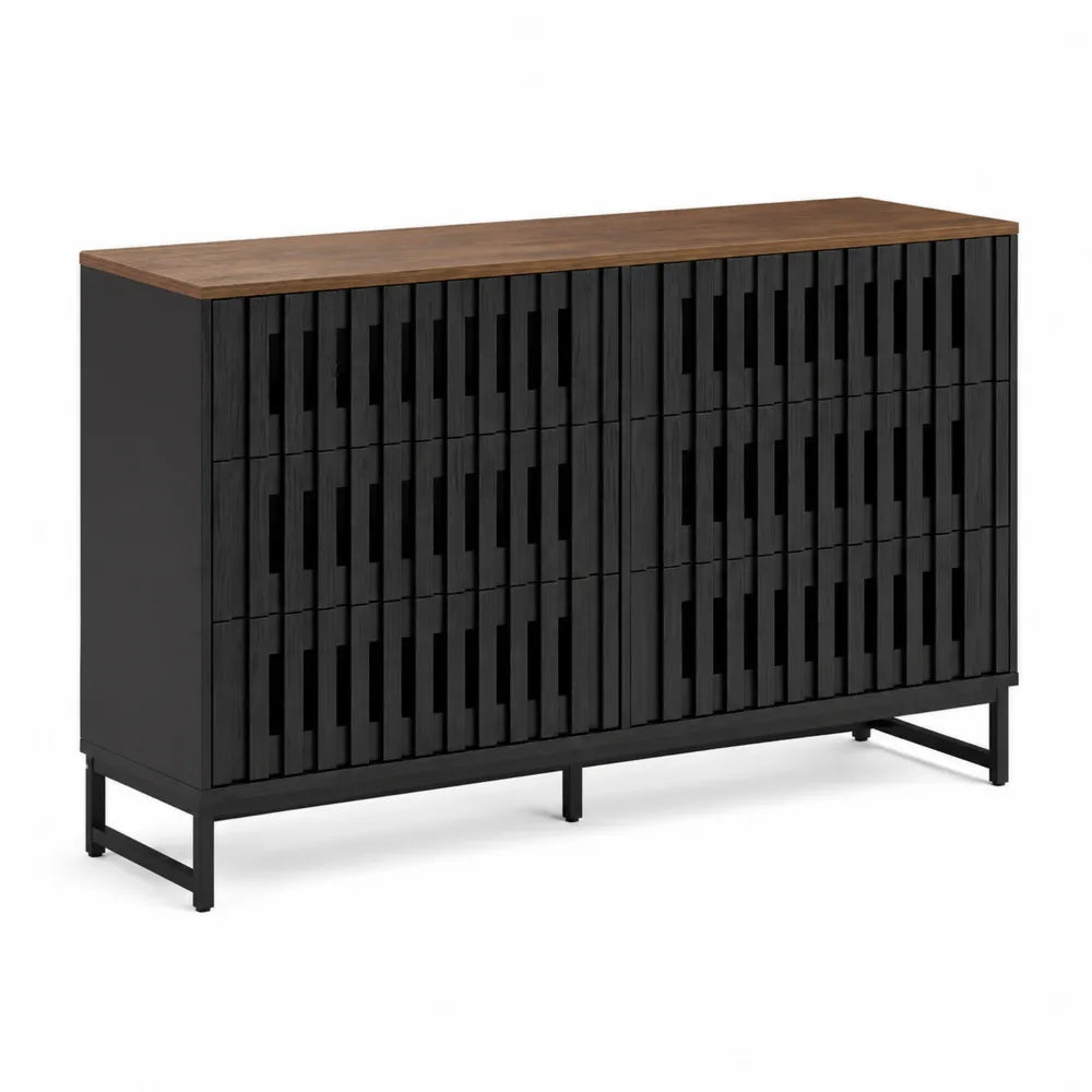 Commode en bois noir et chêne avec portes à panneaux géométriques