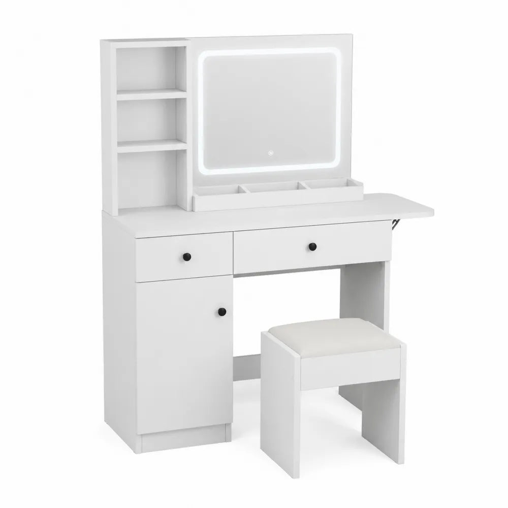 Coiffeuse en Bois avec Miroir LED et Tabouret Blanc