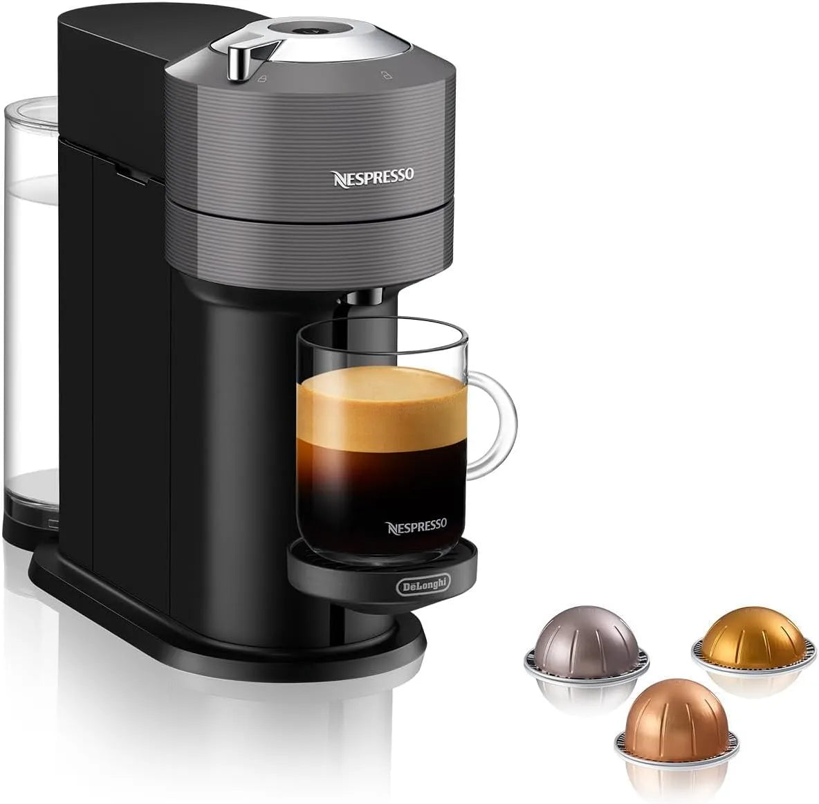 De'Longhi Gris., machine à café à capsules Nespresso Vertuo Next ENV, Machine à café avec 5 tailles de tasses, détection de code-barres 120.GY