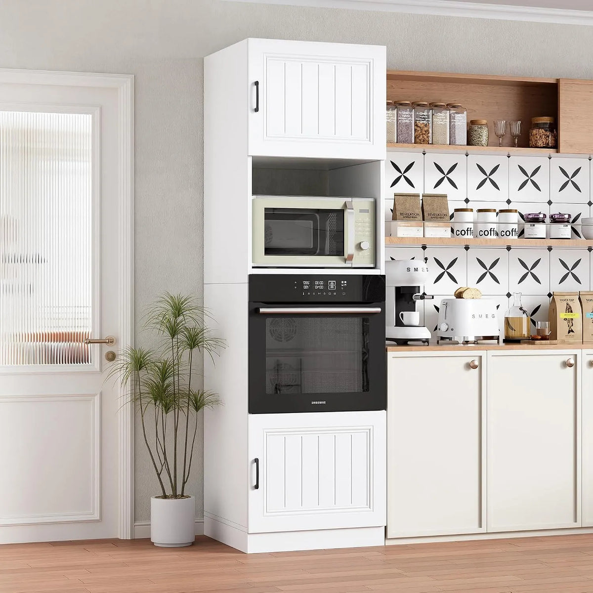 Micro-ondes, 60x57.2x207cm, encastrable, blanc, Expédié en 2 Colis, Armoire de Cuisine avec Étagère, Meuble de Rangement Salle à Manger Maison