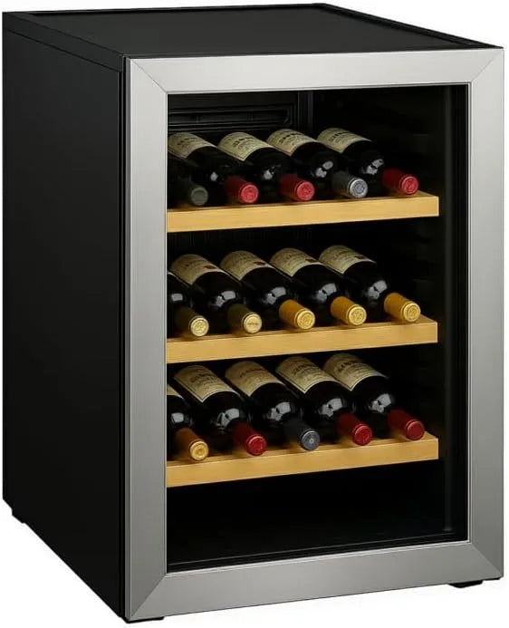 Cave à vin électrique, 15 bouteilles, 6 à 14 °C, verre, acier inoxydable, Cadre Inox, LED