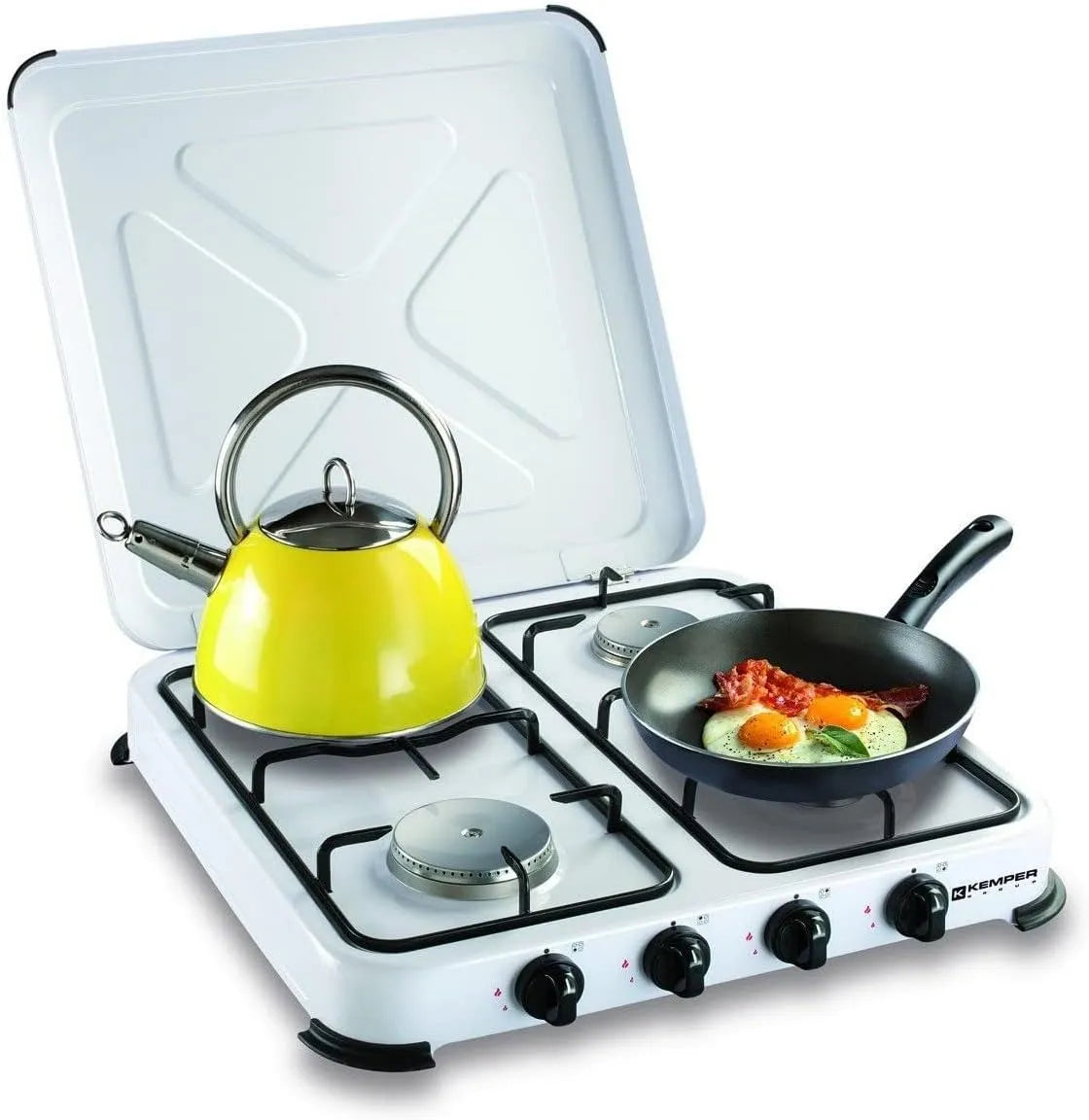 Plaque de cuisson à gaz, 4 foyers, 4650 W, portable, extérieur, gril, camping, amovible, table de cuisson à gaz, blanc, KEMPER, Balcon