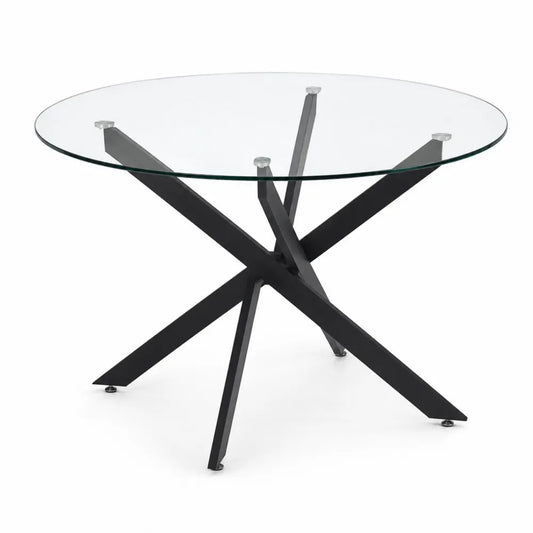 Table ronde en verre trempé 10 mm avec pieds en métal noir, diamètre 120 cm