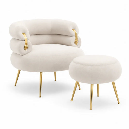 Fauteuil en tissu avec repose-pieds et pieds en métal doré