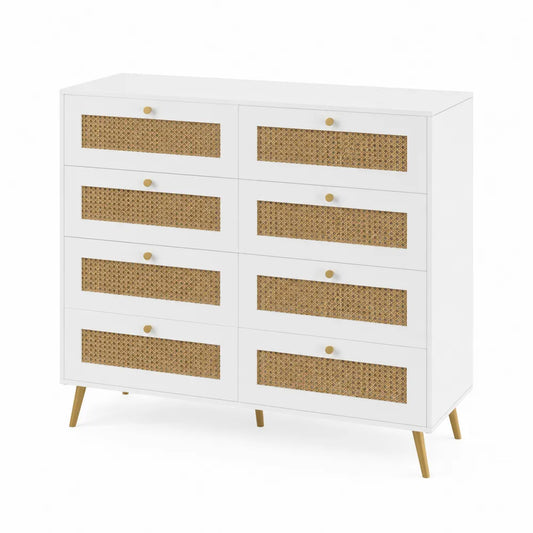 Commode en bois 8 tiroirs avec façades en rotin