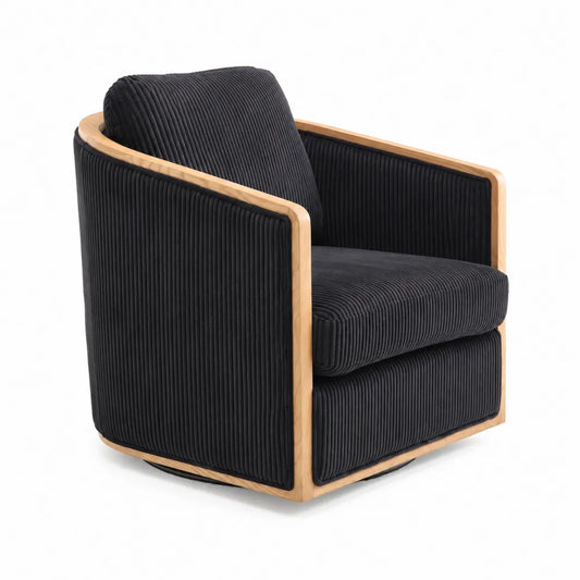 Fauteuil pivotant en velours côtelé noir et bois