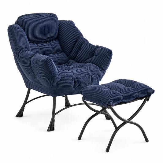 Fauteuil avec repose-pieds en velours côtelé Bleu