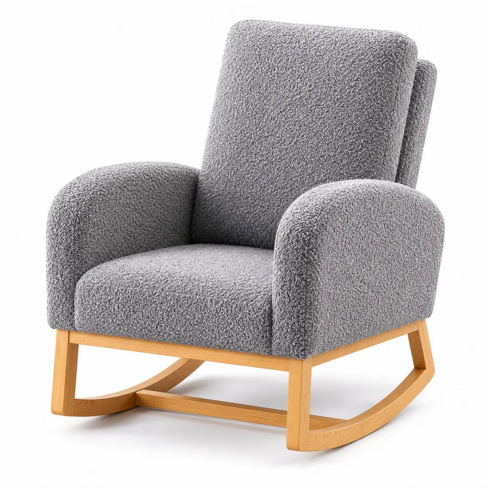 Fauteuil à bascule en tissu gris avec cadre en bois
