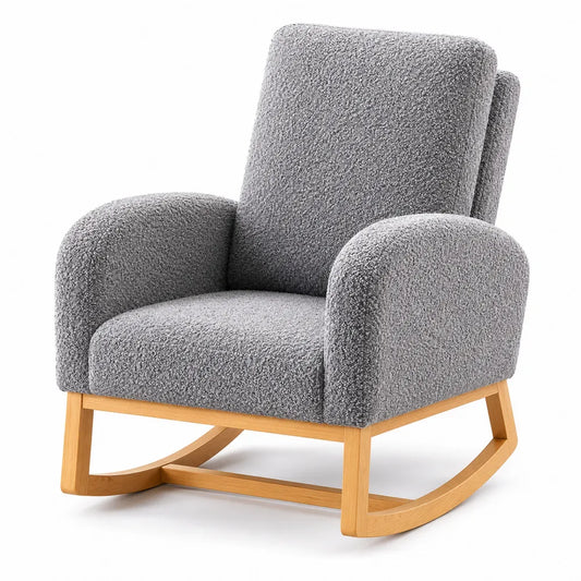 Fauteuil à bascule en tissu gris avec cadre en bois