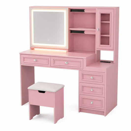 Coiffeuse en Bois avec Miroir LED et Tabouret en Tissu Rose
