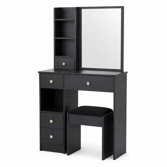 Coiffeuse en bois avec miroir et tabouret Noir