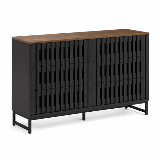 Commode en bois noir et chêne avec portes à panneaux géométriques