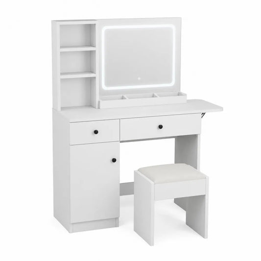 Coiffeuse en Bois avec Miroir LED et Tabouret Blanc