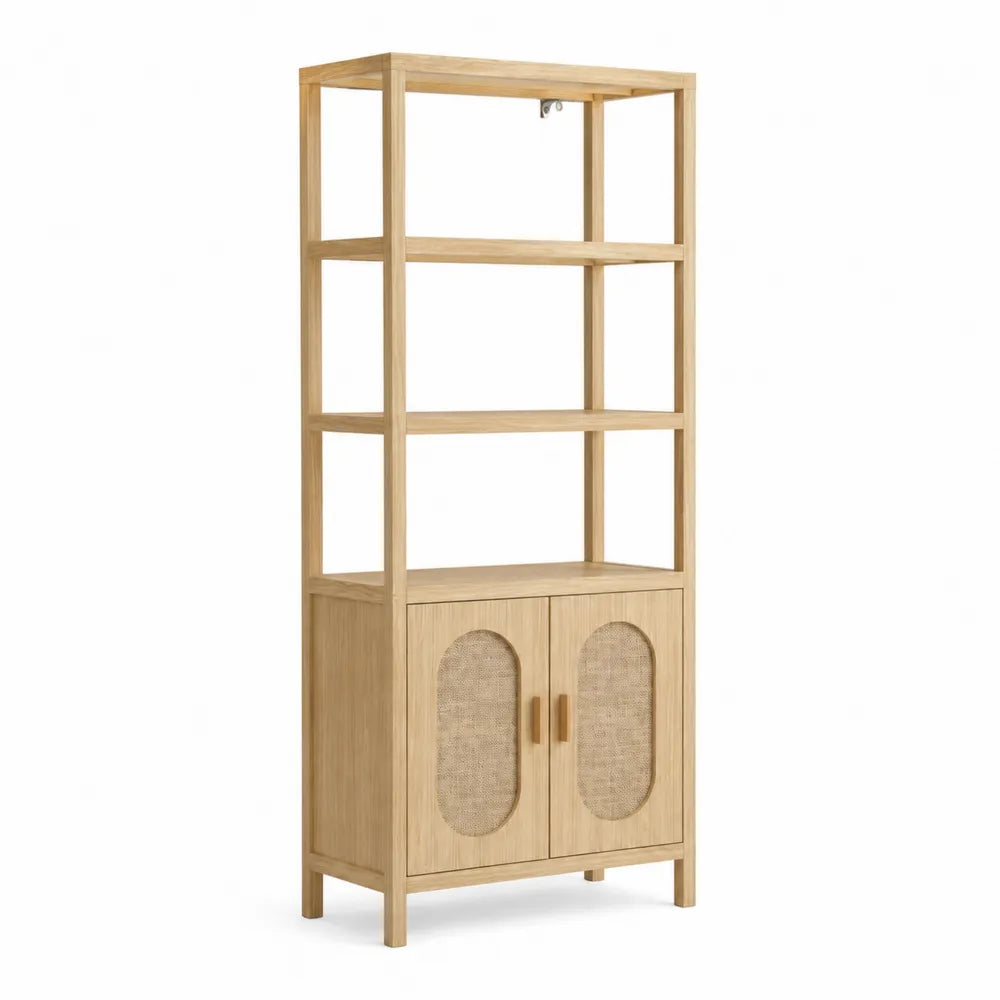 Bibliothèque en bois avec portes en rotin et 3 étagères