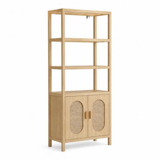 Bibliothèque en bois avec portes en rotin et 3 étagères