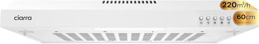 CIARRA Hotte aspirante, 60 cm, 220 m3/h, 62 dB, hotte de cuisine, évacuation et recyclage, éclairage LED, 3 vitesses, silencieux, blanc, Evacuation et