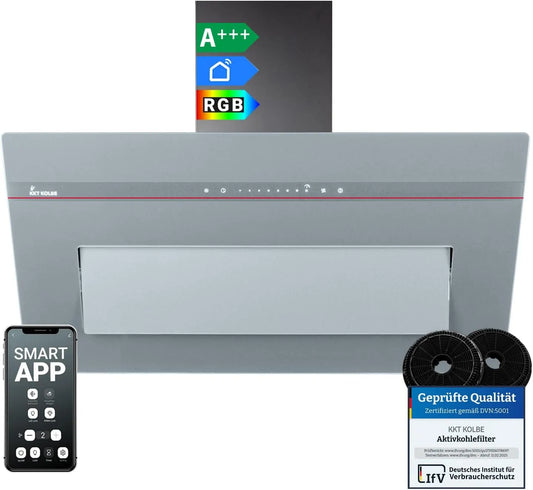 Hotte aspirante PLOOM9005G, 90 cm, 782 m3/h, hotte de cuisine, inclinée, évacuation et recyclage, éclairage LED, installation murale, tactile, Wi-Fi