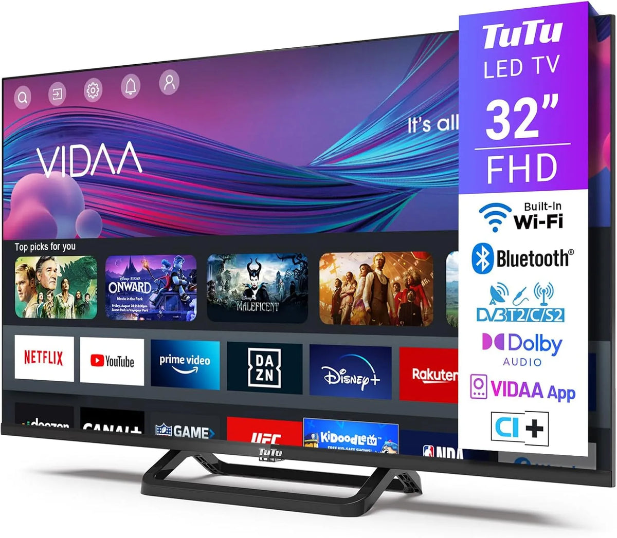 Smart TV, 32 pouces, téléviseur, TuTu TUV32FN1B, triple tuner DVB-T2, S2, Wi-Fi, Bluetooth, Full HD, App Store, 80 cm, AirPlay, Molotov et Plus