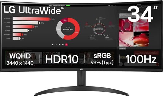 LG Écran Bureautique VA 34' incurvé WQHD 21:9, UltraWide, sRGB 99 %, Typ. 34WR50QK-B, HDR 10 300cd, m2 100Hz 5ms HDMI 2.2 DP 1.4 Confort des yeux