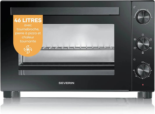 Severin Four électrique à pizza, 46 L, 800 W, minuteur, noir, TO 9025, SEVERIN Mini-Four à chaleur tournante 46 L avec pierre à pizza et tournebroche