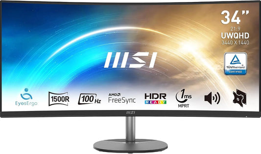 MSI Dalle VA 3440x1440, Pro MP341CQ Écran Professionnel incurvé 34' UWQHD, 100 Hz, 1ms MP341CQ 1500R, DisplayPort, courbure 1500R, compatible VESA