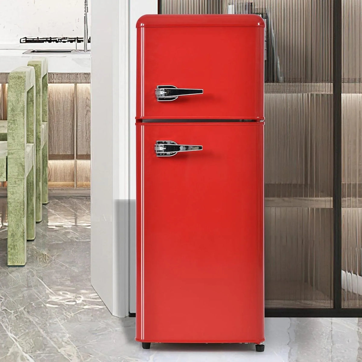 Congélateur, 92 L, rouge, Sweiko Réfrigérateur rétro, à deux portes, Red, volume total de 92 litres avec 28 litres de capacité de congélation