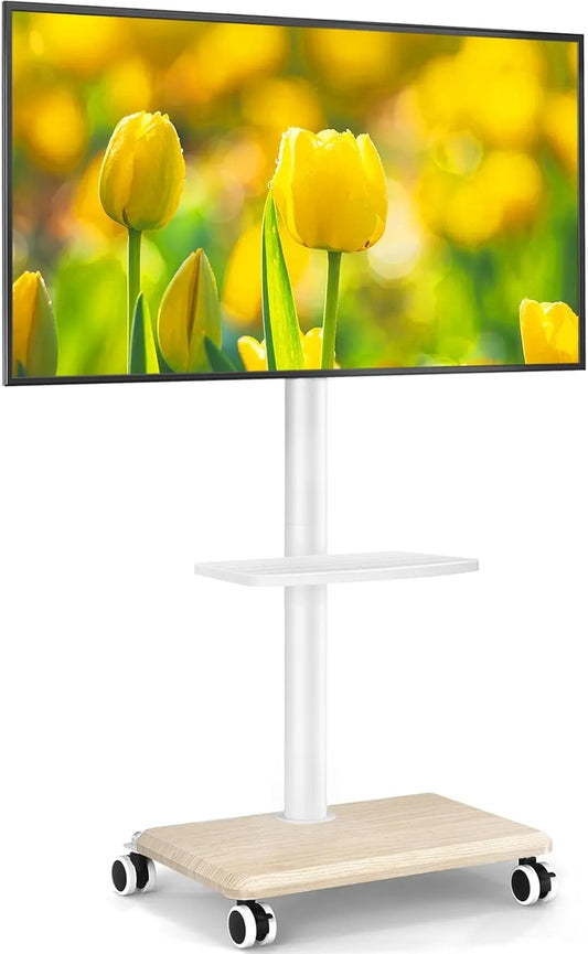 Meuble TV 5Rcom, 55 pouces, 400x400mm, roulettes de déplacement, blanc, Réglable en Hauteur et Pivotant Support TV sur Pied avec roulettes Meuble