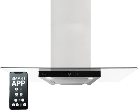 Hotte aspirante, 90 cm, hotte de cuisine, tactile, Wi-Fi, acier inoxydable, noir, MULTI-INSEL-HC, WiFi, Hotte Îlot, verre noir, arrête automatiquement