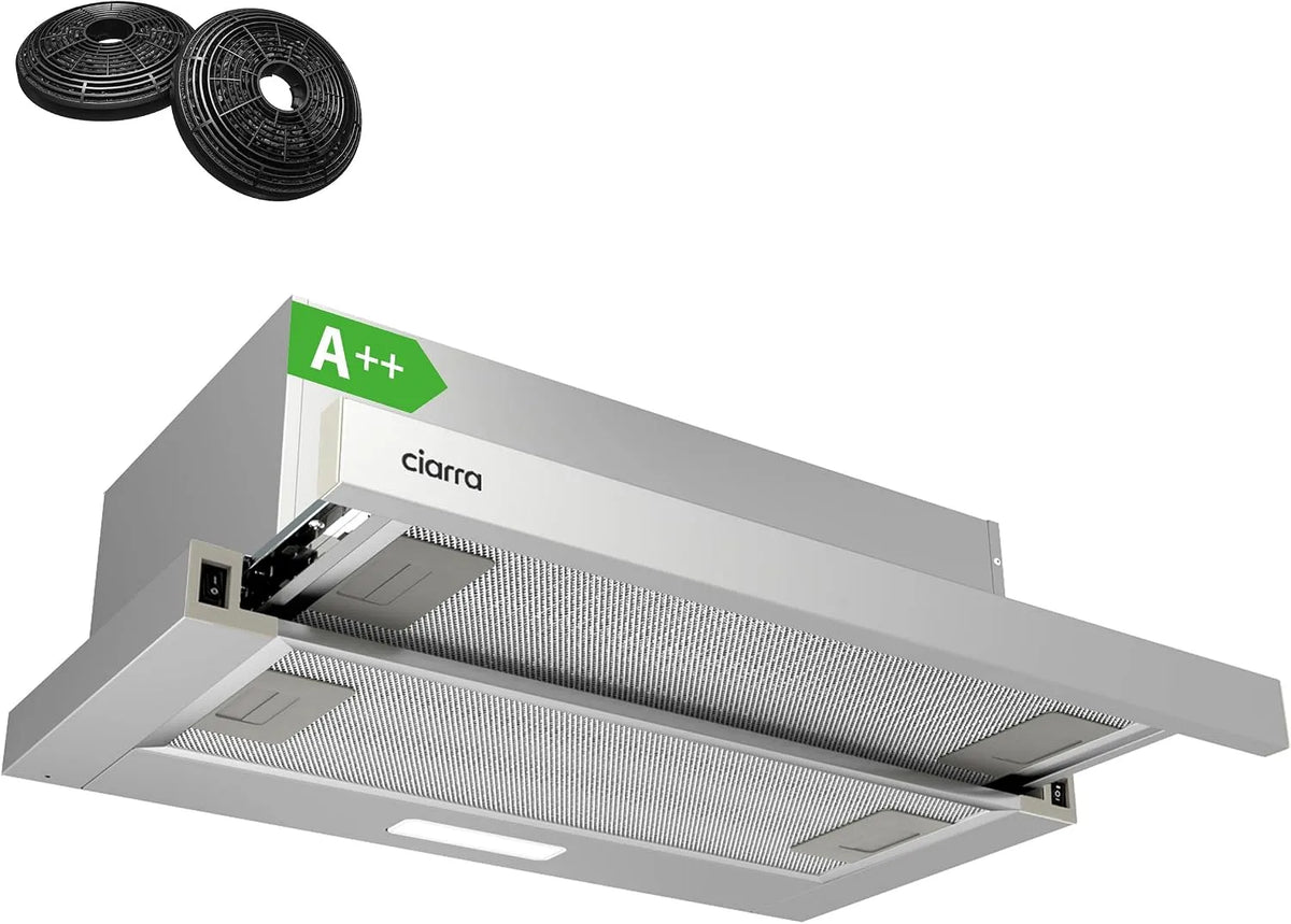 CIARRA Hotte aspirante, 60cm, 391 m3/h, classe énergétique A, hotte de cuisine, évacuation et recyclage, éclairage LED, 2 Vitesses