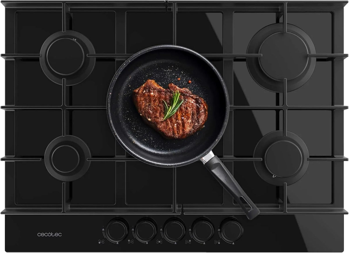 Cecotec 4kW, Table de Cuisson à Gaz 5 Feux Glass Black, Système de Sécurité, Conversion au Gaz Butane Bolero Squad G 5400F, Grilles en Fonte, 10