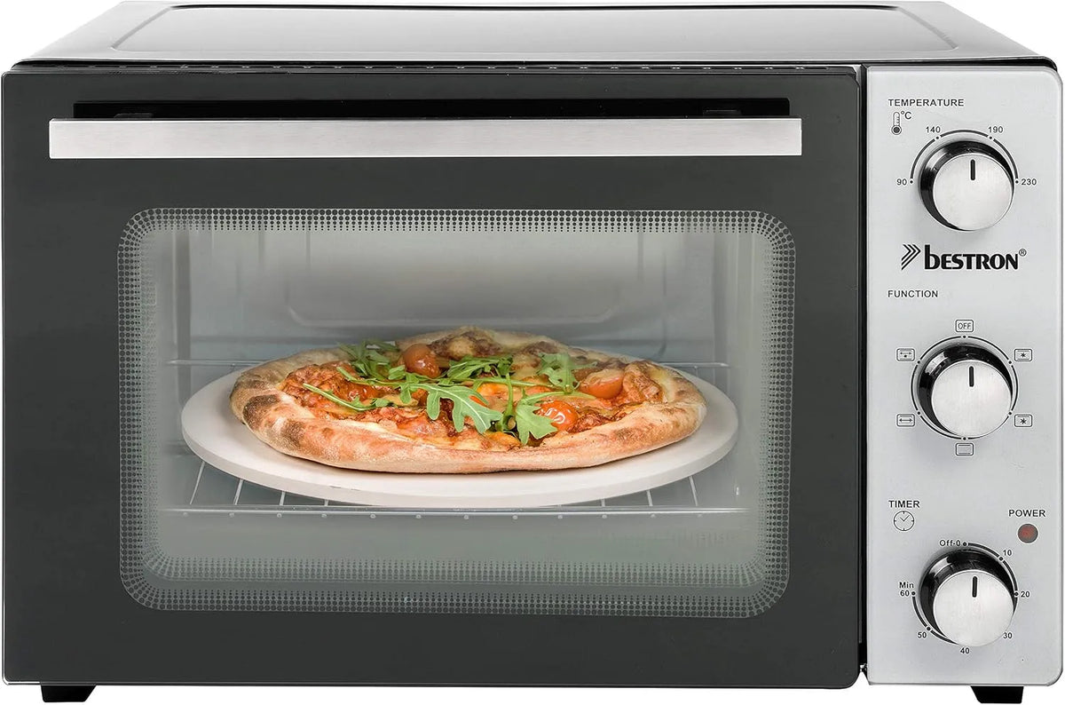 Four électrique à pizza, 31 L, 1500 W, acier inoxydable, noir, Bestron Four électrique compact avec broche rotative et pierre à pizza