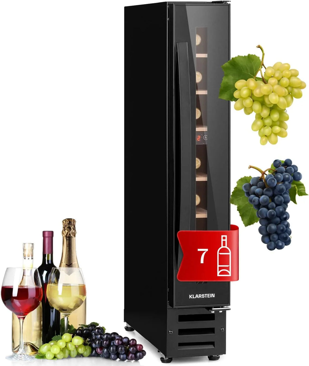 Klarstein Cave à vin électrique, 20 L, 7 bouteilles, encastrable, extérieur, Bar Intérieur, Caves à Vin de 20L avec une Porte en Verre, Cave a Vins à